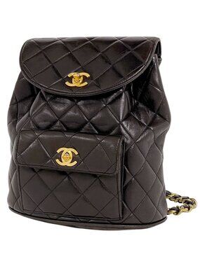Chanel CC Logo Chain Backpack Quilted Leather Black